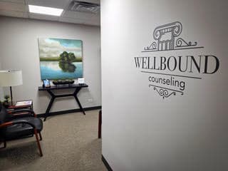 Wellbound Counseling logo in the office entryway